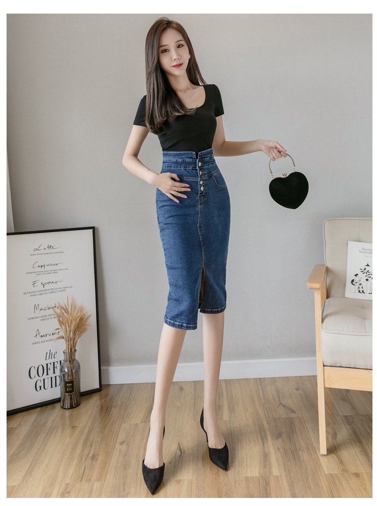 Новая мода джинсовая юбка с высокой посадкой и разрезом 2024 оптом из Китая