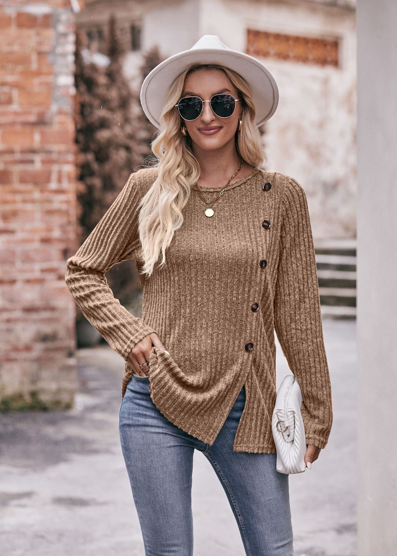 Женская футболка с круглым вырезом и пуговицами оптом из Китая