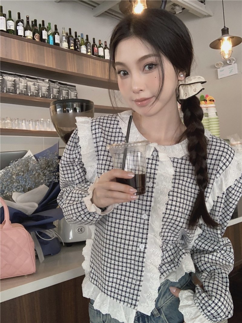 Футболка в клетку с кружевным воротником оптом из Китая