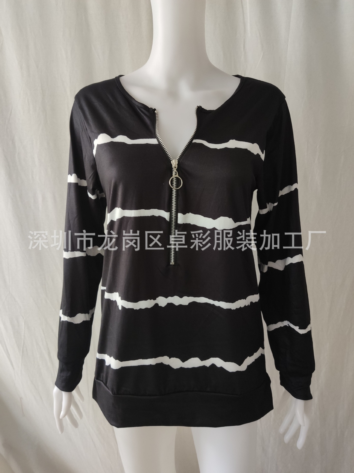 Женская футболка с длинным рукавом в полоску с V-образным вырезом и молнией оптом из Китая