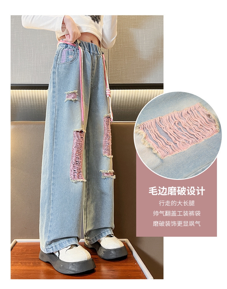 Джинсы для девочек 2023 весна и осень новые детские брюки корейской моды для девочек с дырками широкие брюки оптом из Китая