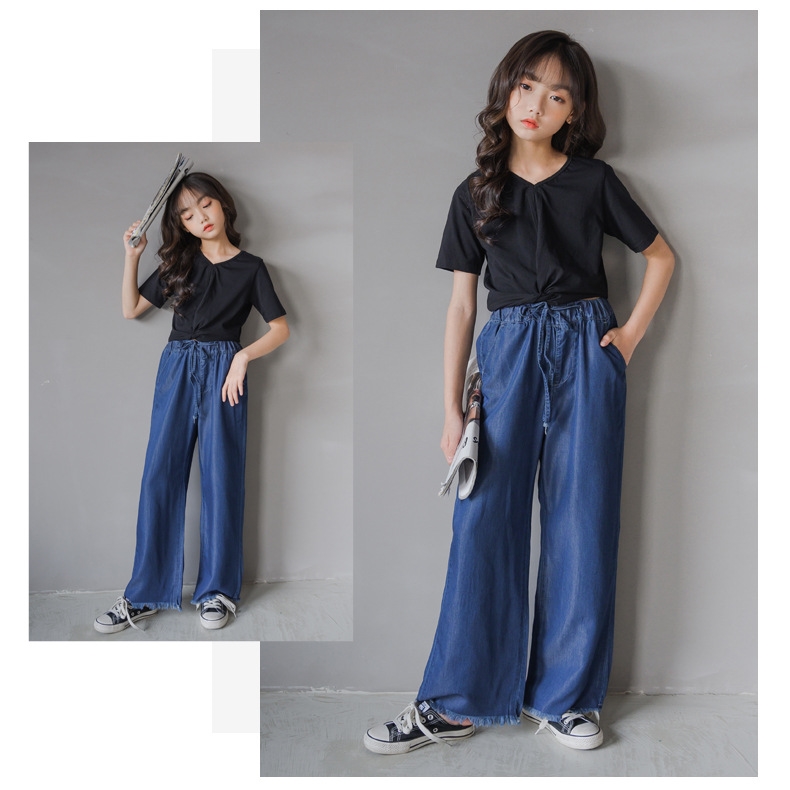 Джинсы для девочек 2021 летняя свободная тонкая шелковая прямая штаны с высокой талией оптом из Китая