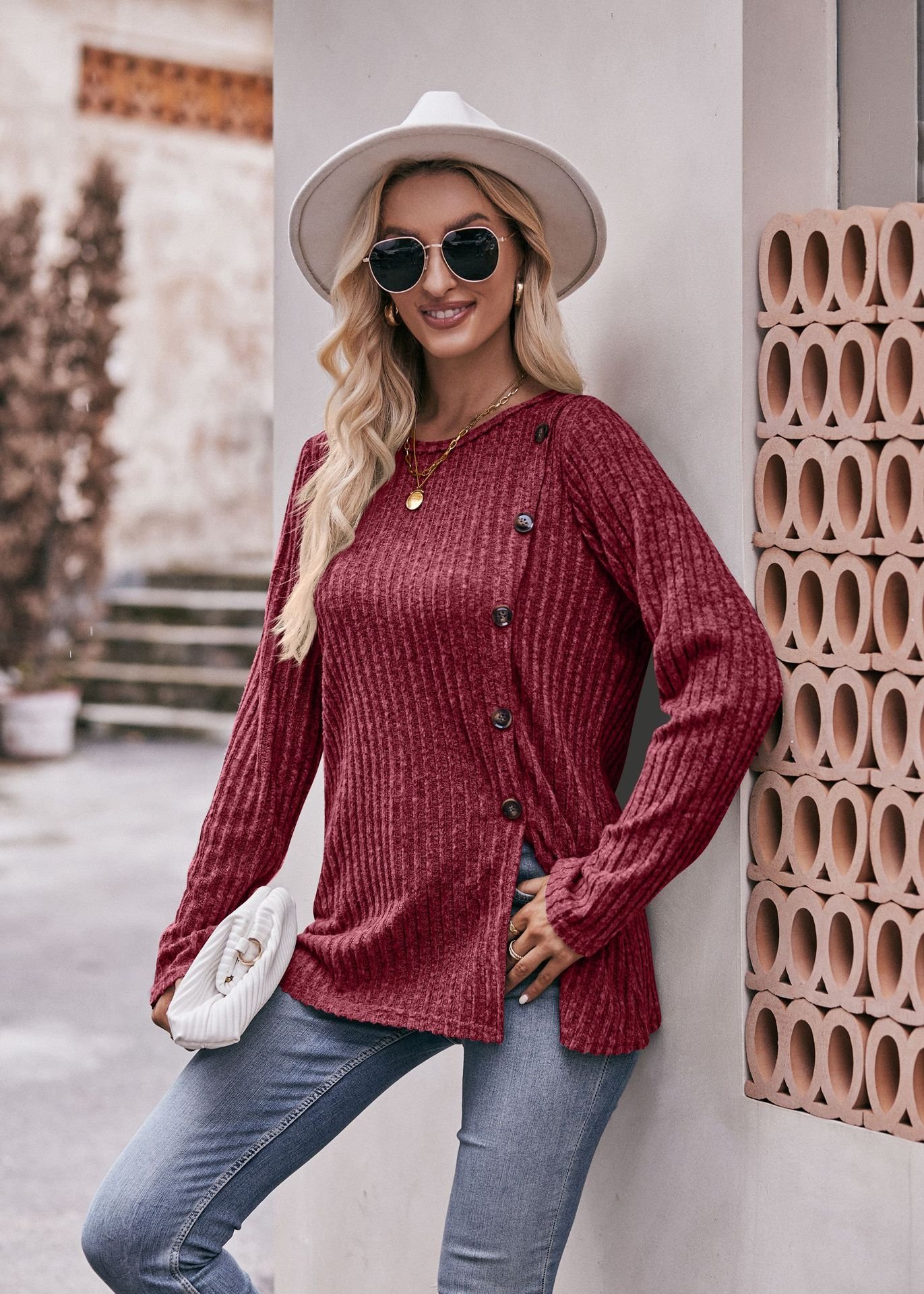 Женская футболка с круглым вырезом и пуговицами оптом из Китая