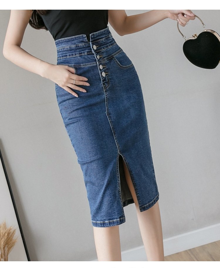 Новая мода джинсовая юбка с высокой посадкой и разрезом 2024 оптом из Китая