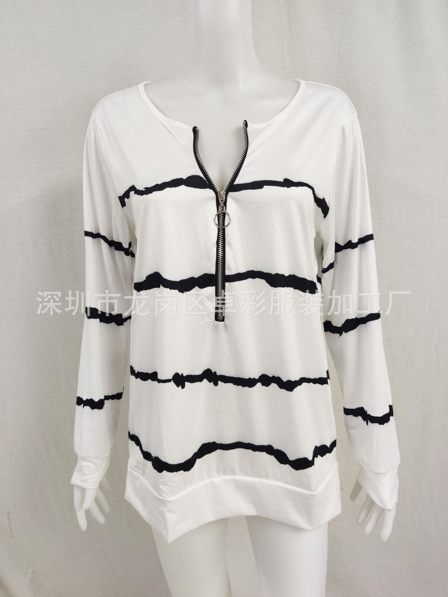 Женская футболка с длинным рукавом в полоску с V-образным вырезом и молнией оптом из Китая