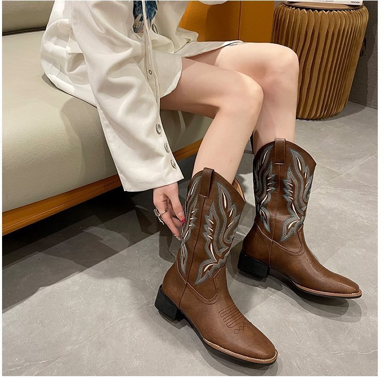 Женские сапоги рыцаря с вышивкой V-образного выреза 2024 весна-осень оптом