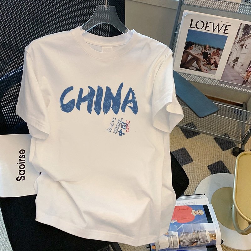 100% хлопок 220 г мультфильм принт круглый воротник короткий рукав футболка женская оптом