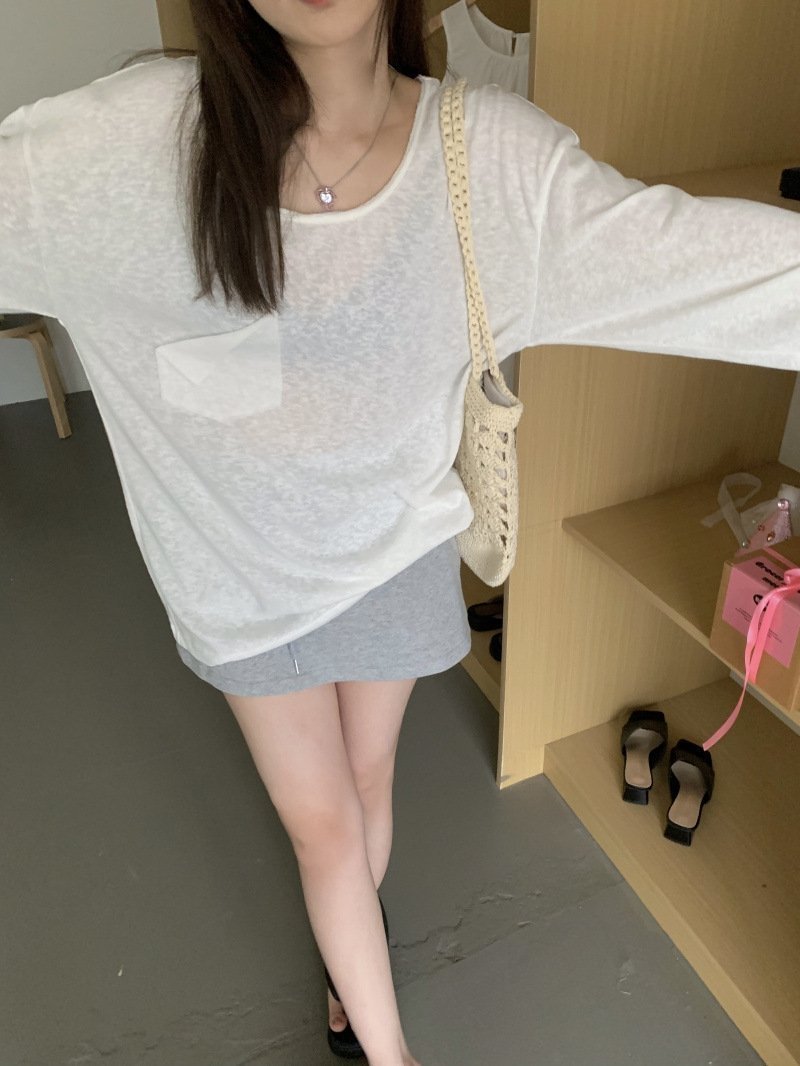 Белая летняя футболка с длинным рукавом и прозрачной тканью оптом