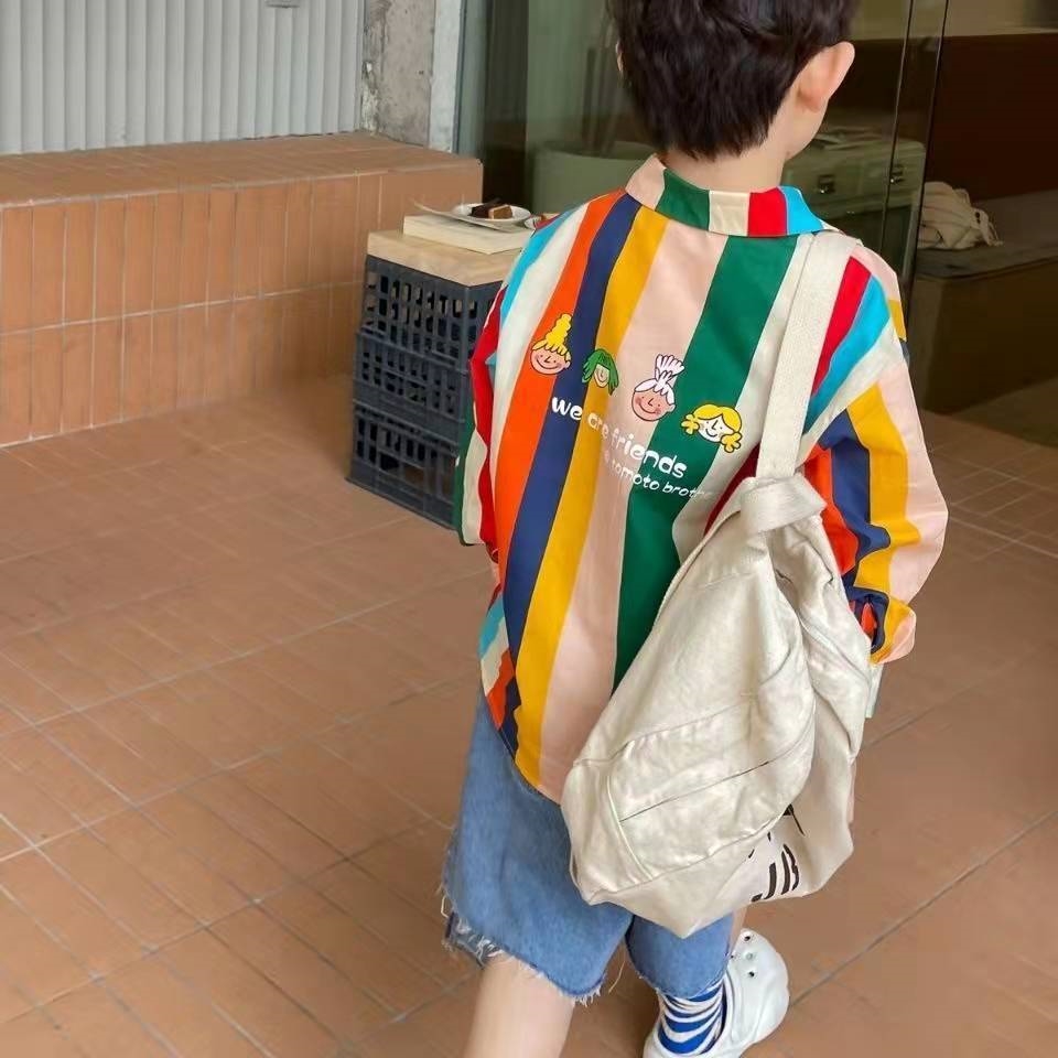 Детская хлопковая рубашка с полосками и радужными принтами оптом из Китая