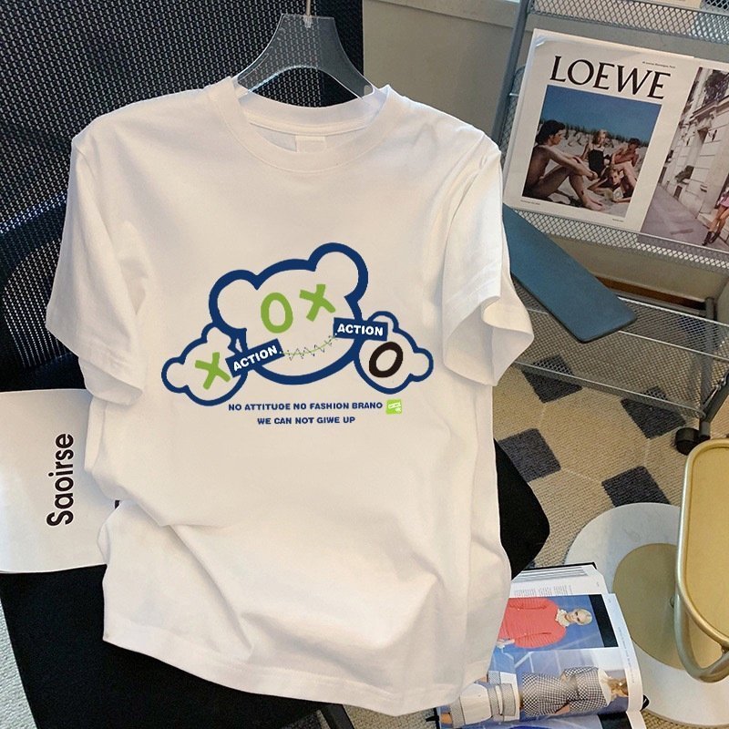 100% хлопок 220 г мультфильм принт круглый воротник короткий рукав футболка женская оптом