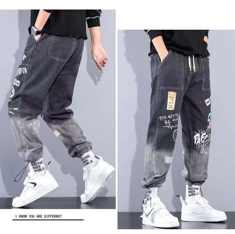 Новые мужские джинсы с принтом и поясом на резинке оптом из Китая