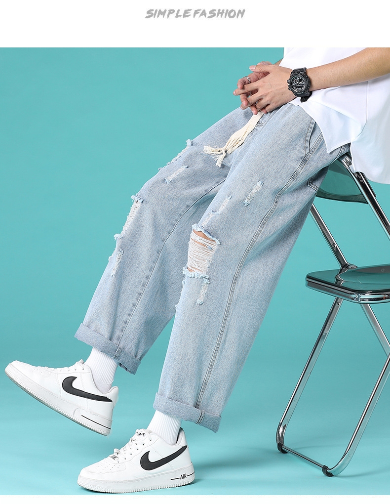 Летние мужские джинсы с разрывами и прямыми штанинами оптом из Китая