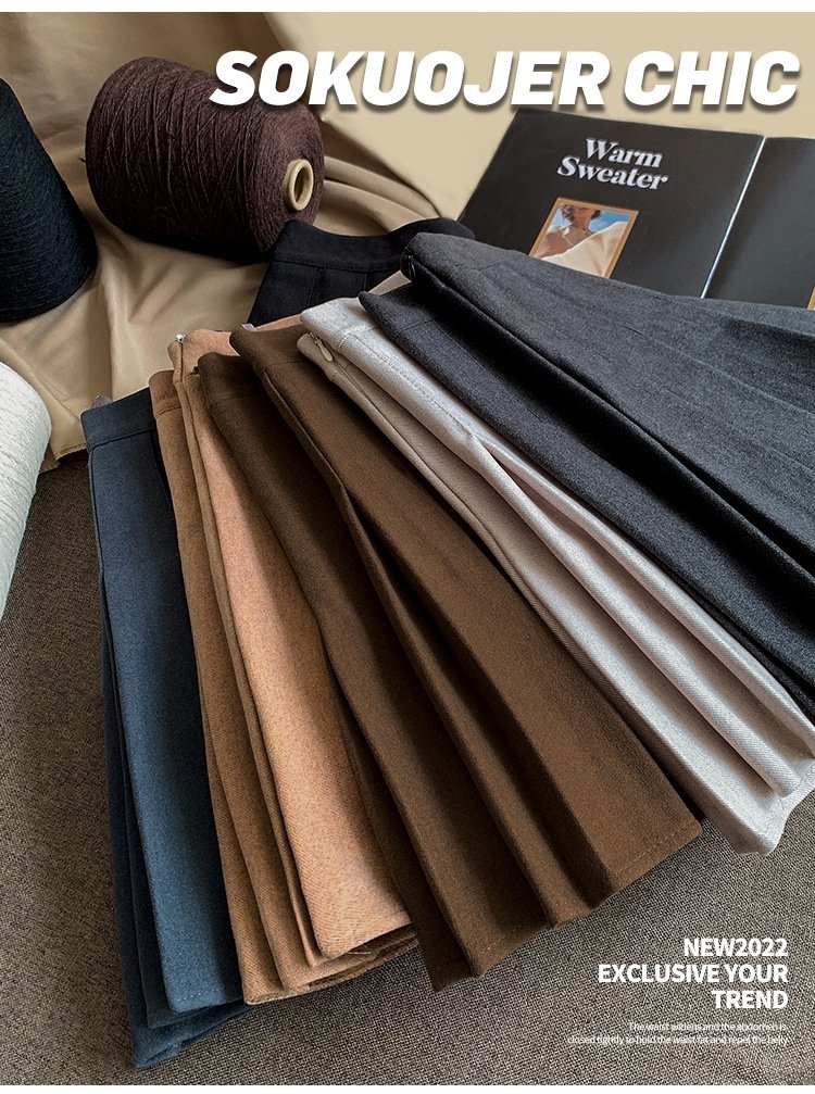 Женская юбка-плиссировка осенне-зимняя новинка из плотной шерсти с высокой посадкой, черного цвета, подчеркивающая стройность, большой размер A-силуэт оптом из Китая