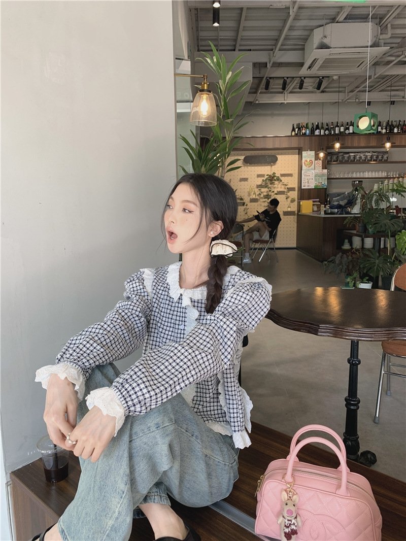 Футболка в клетку с кружевным воротником оптом из Китая