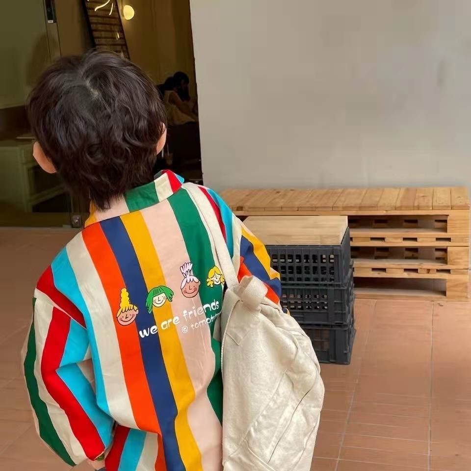 Детская хлопковая рубашка с полосками и радужными принтами оптом из Китая