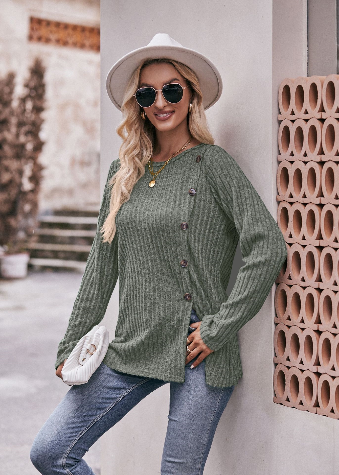 Женская футболка с круглым вырезом и пуговицами оптом из Китая