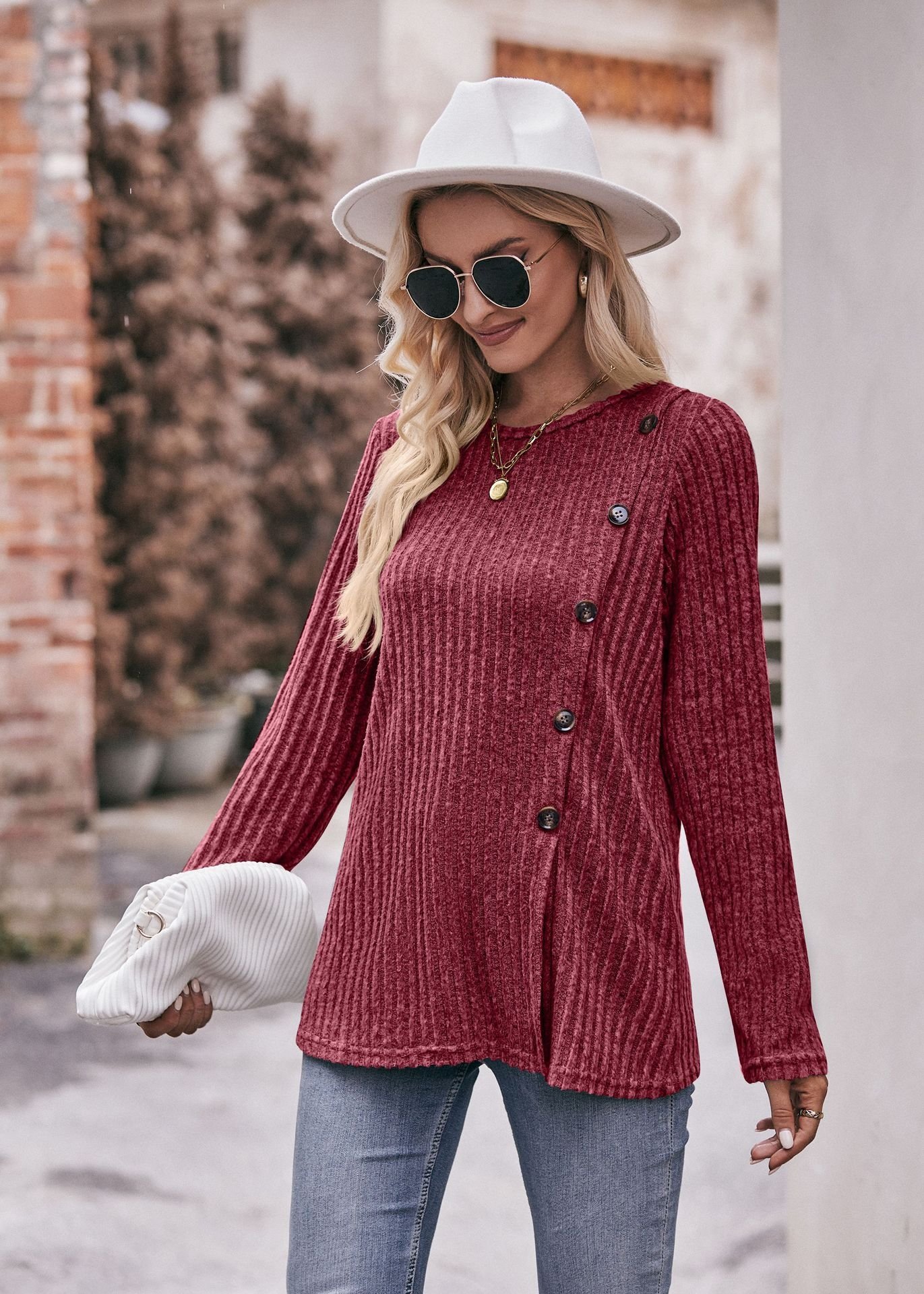 Женская футболка с круглым вырезом и пуговицами оптом из Китая