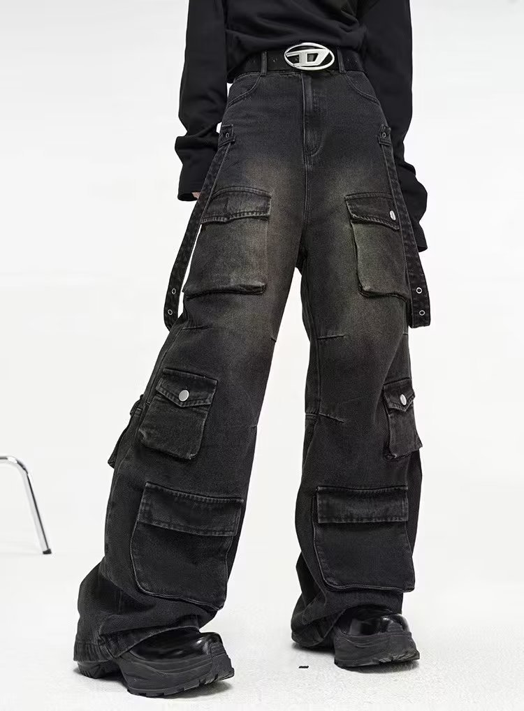 Мужские джинсы с широкими штанинами и множеством карманов оптом из Китая