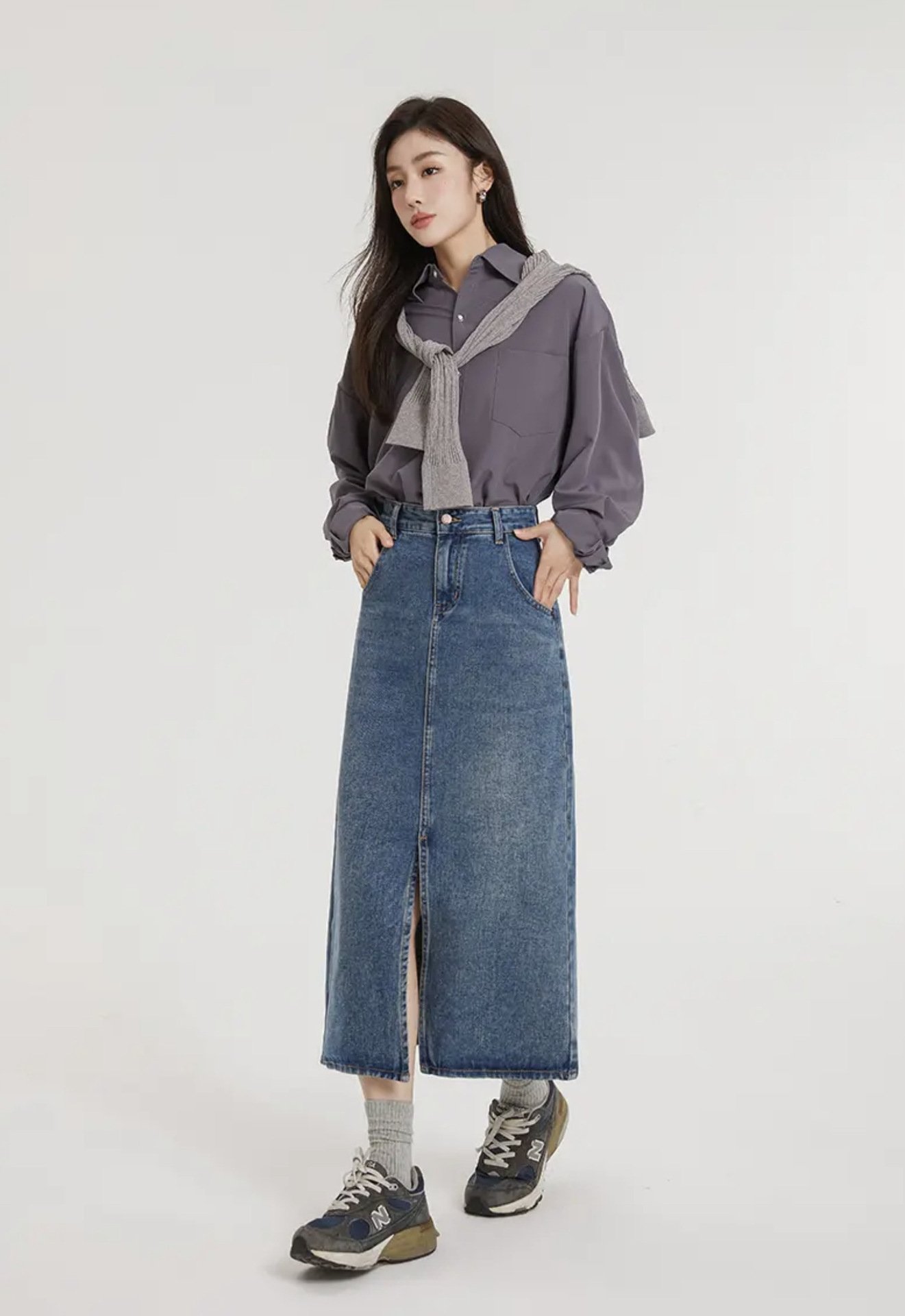 Джинсовая юбка с высокой талией и разрезом в стиле ретро оптом из Китая