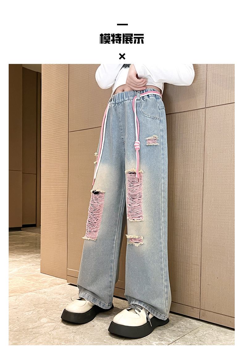 Джинсы для девочек 2023 весна и осень новые детские брюки корейской моды для девочек с дырками широкие брюки оптом из Китая