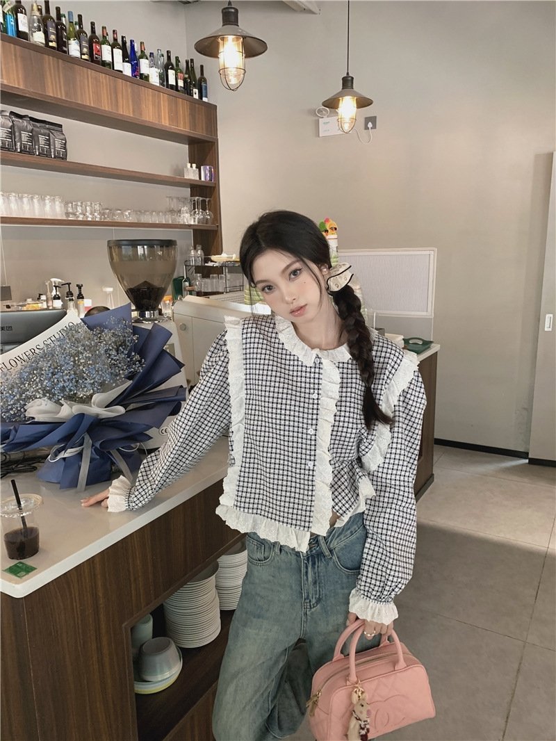 Футболка в клетку с кружевным воротником оптом из Китая