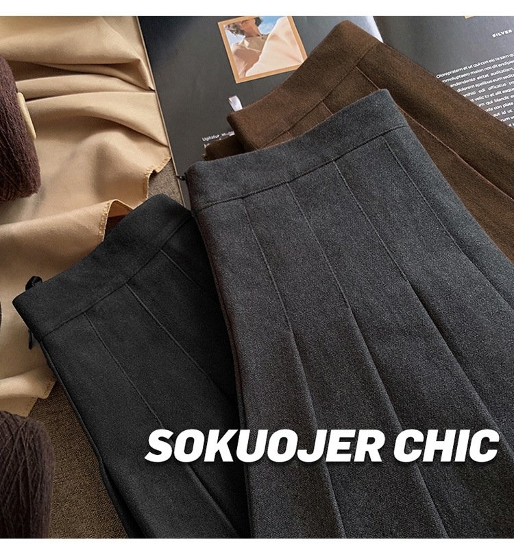 Женская юбка-плиссировка осенне-зимняя новинка из плотной шерсти с высокой посадкой, черного цвета, подчеркивающая стройность, большой размер A-силуэт оптом из Китая