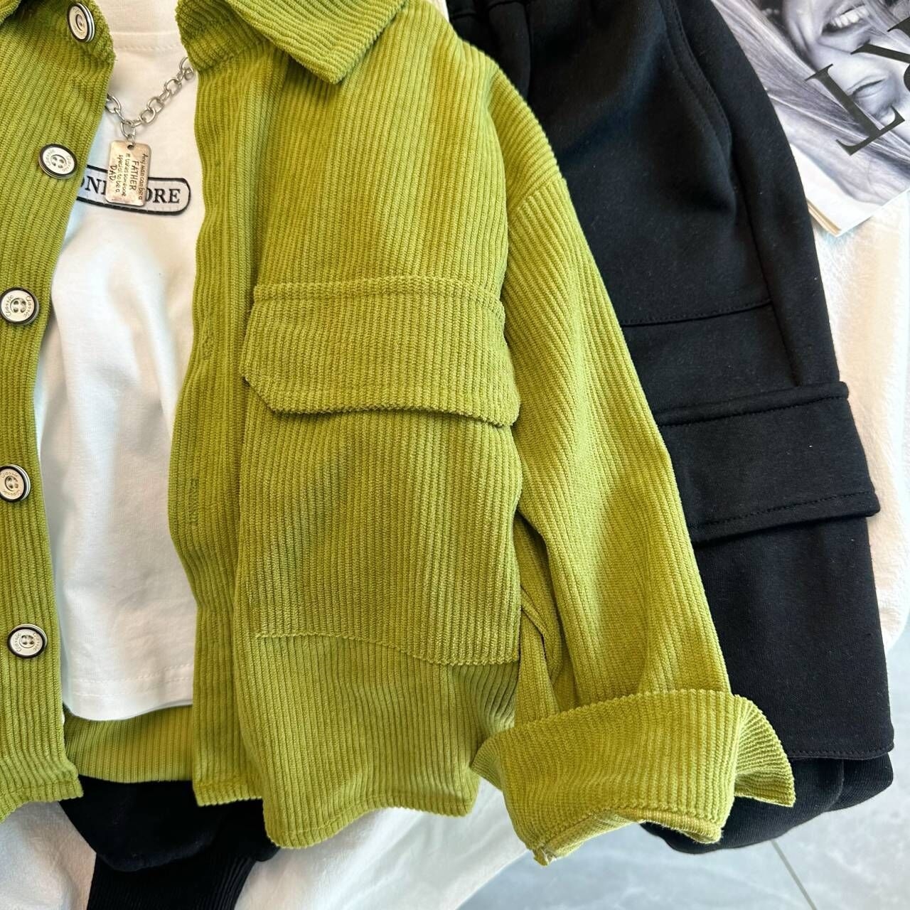 Детская рубашка из вельвета, зеленая оптом из Китая