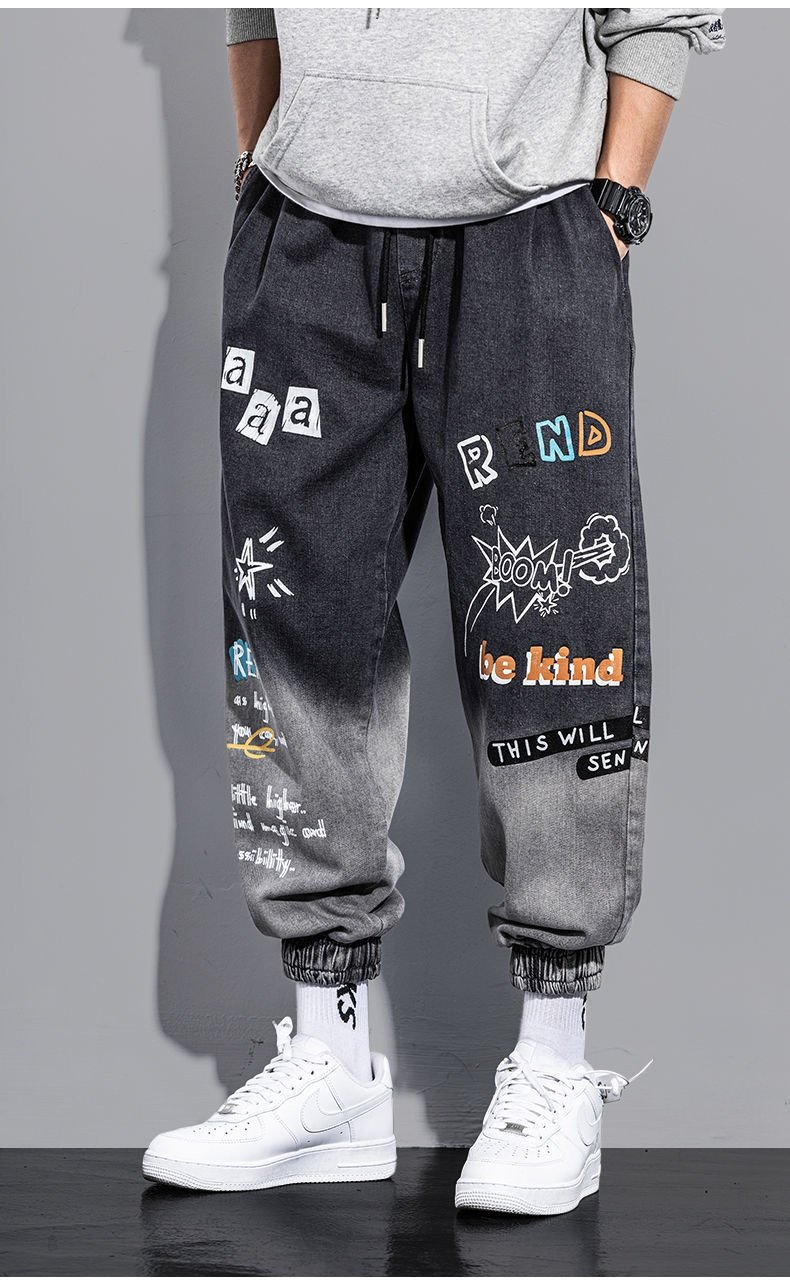 Новые мужские джинсы с принтом и поясом на резинке оптом из Китая