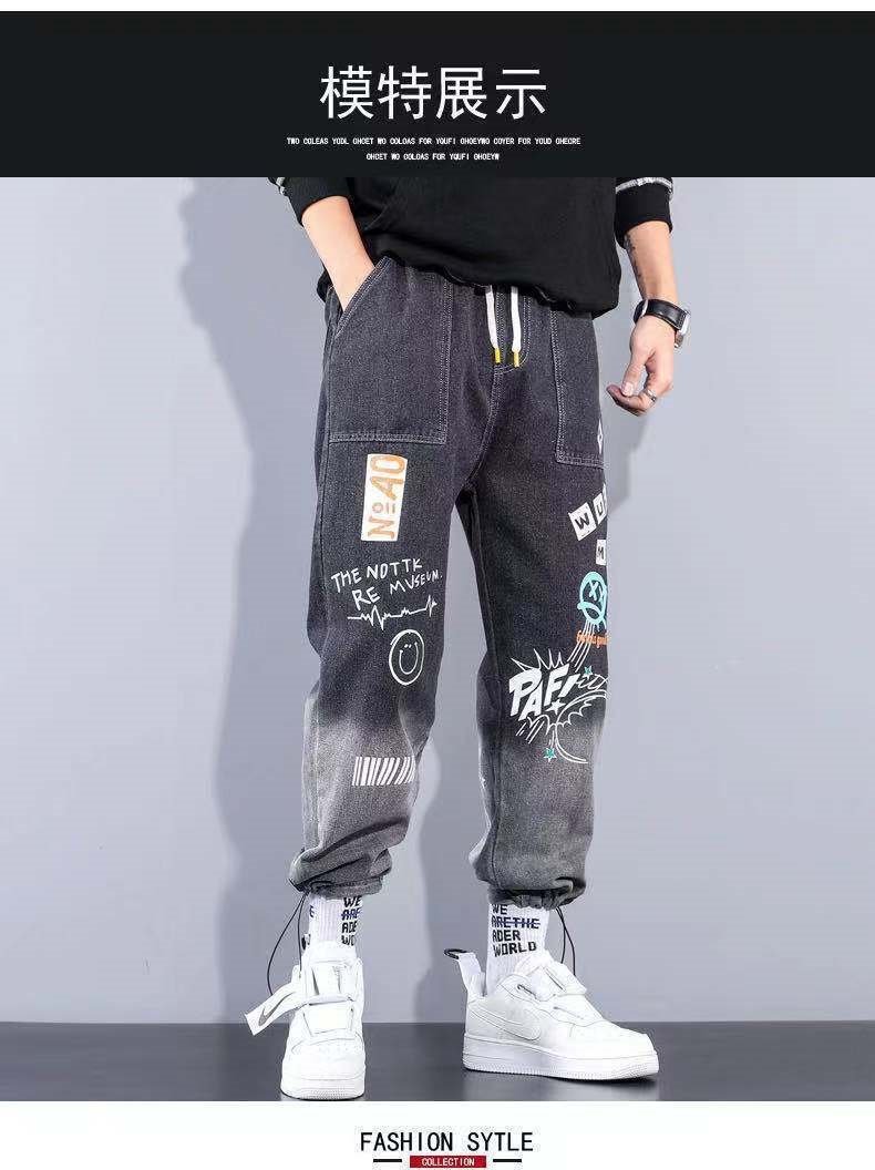 Новые мужские джинсы с принтом и поясом на резинке оптом из Китая