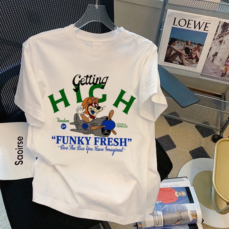 100% хлопок 220 г мультфильм принт круглый воротник короткий рукав футболка женская оптом