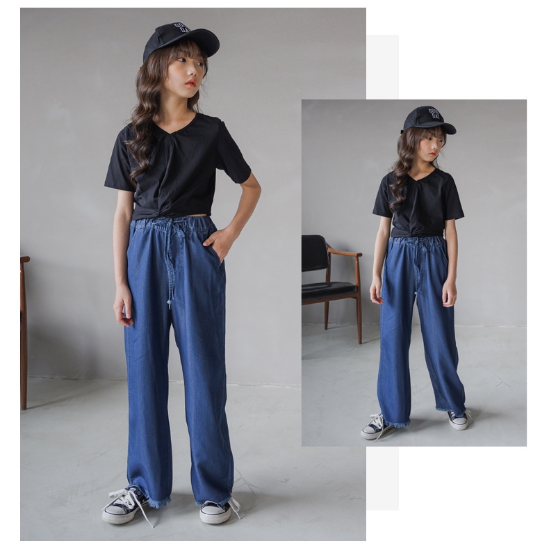 Джинсы для девочек 2021 летняя свободная тонкая шелковая прямая штаны с высокой талией оптом из Китая