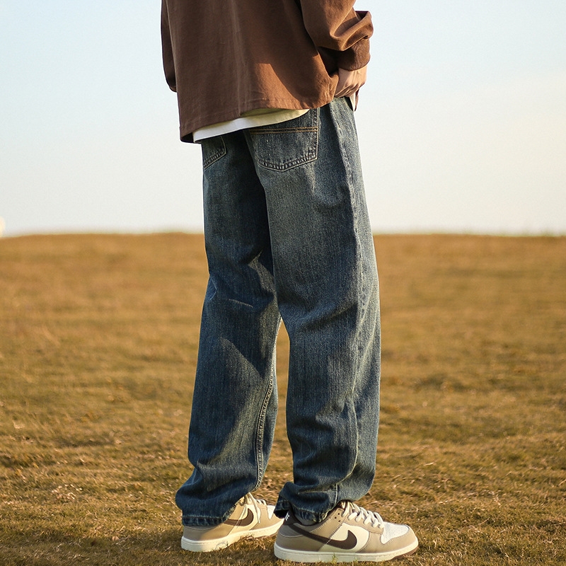 Джинсы мужские винтажные прямые длинные черного цвета оптом из Китая