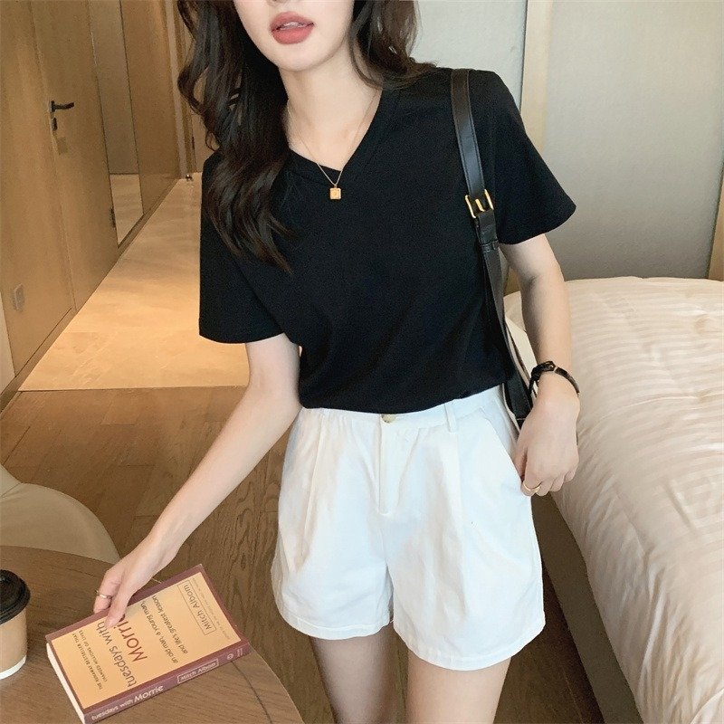 Женская футболка V-образный вырез белая 2024 лето оптом