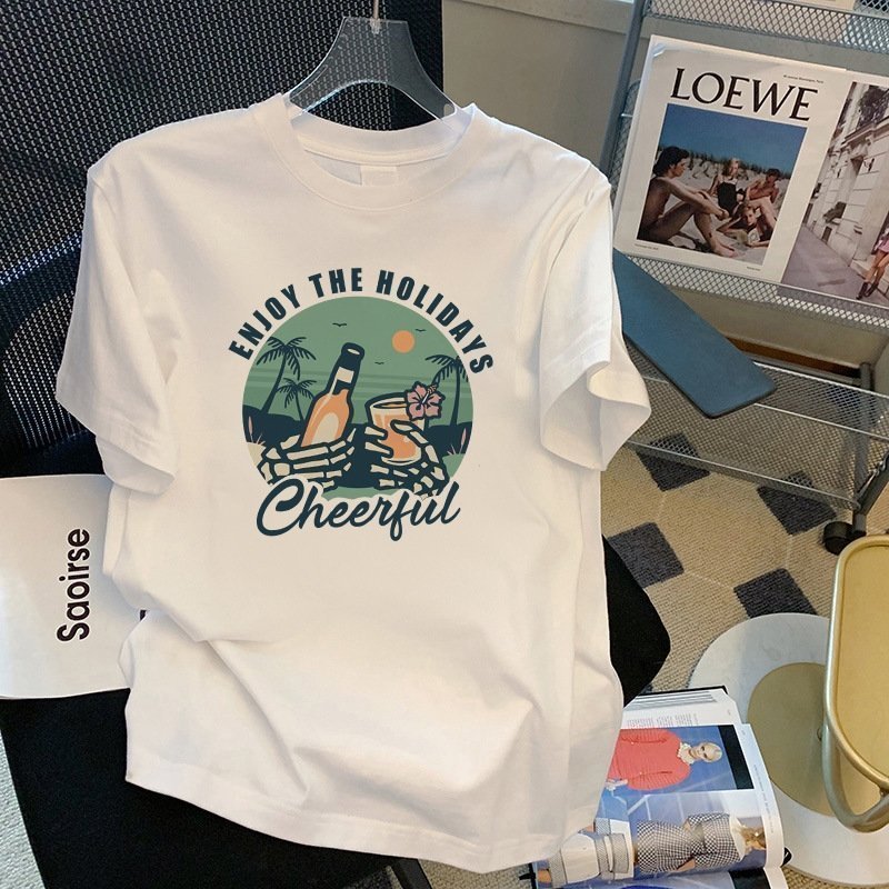 100% хлопок 220 г мультфильм принт круглый воротник короткий рукав футболка женская оптом