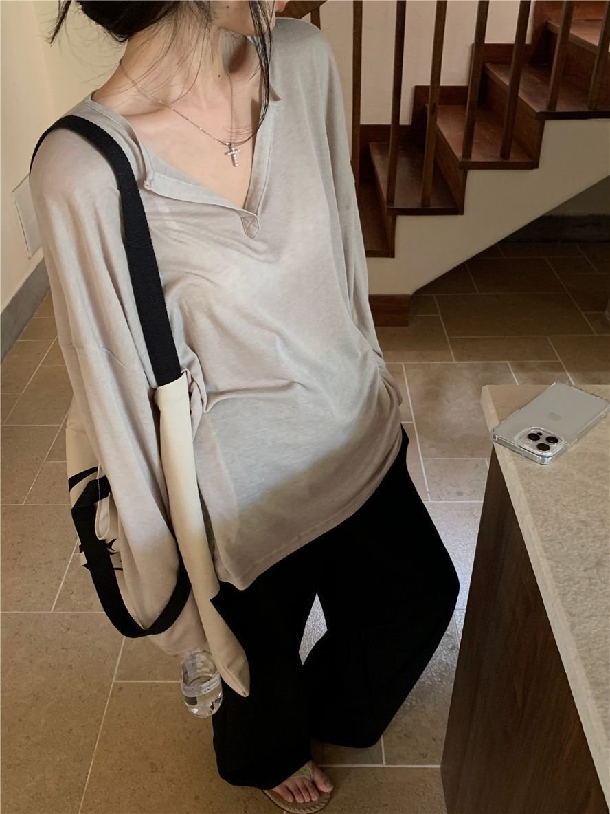 Летняя женская футболка с длинным рукавом и V-образным вырезом оптом