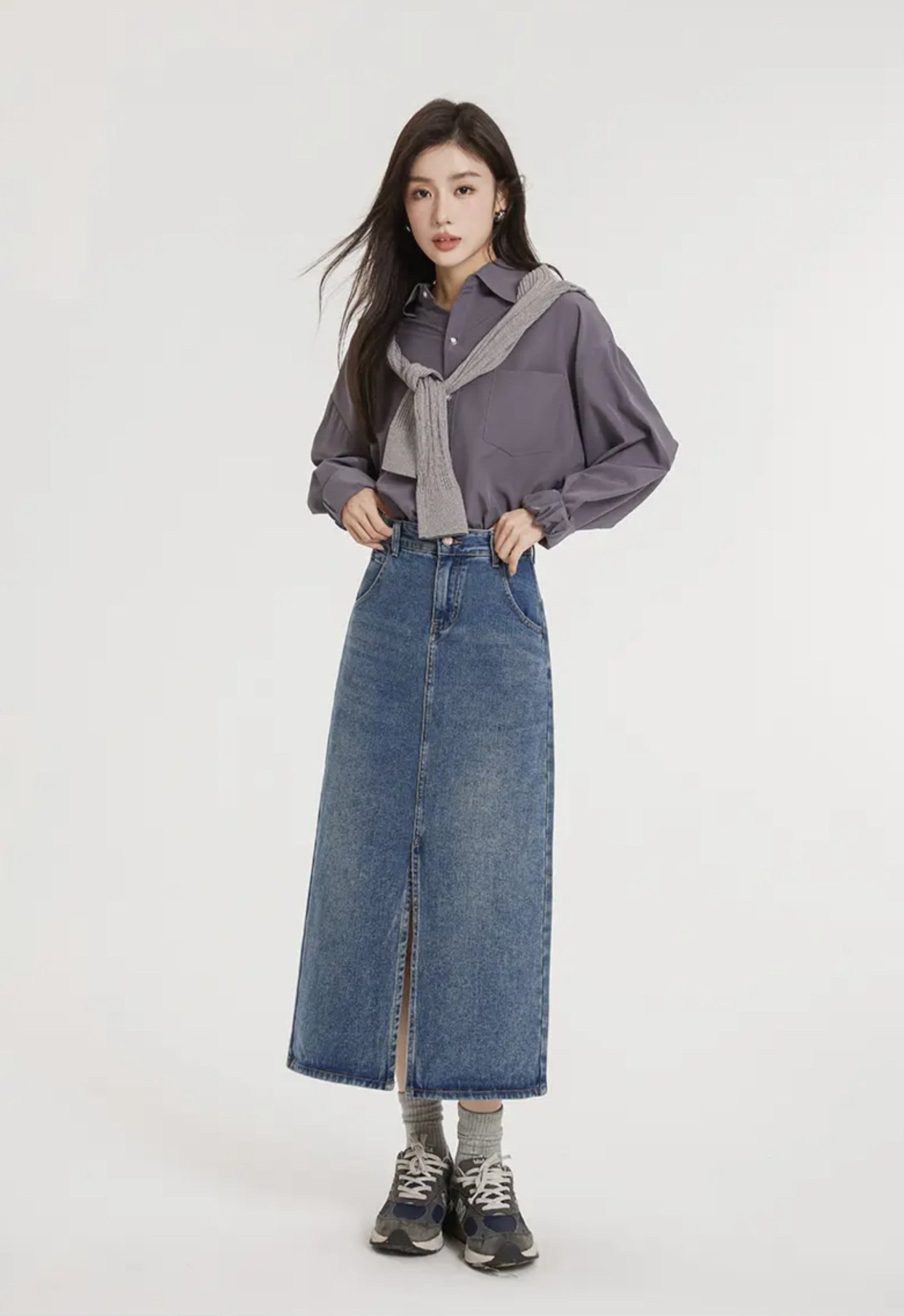 Джинсовая юбка с высокой талией и разрезом в стиле ретро оптом из Китая