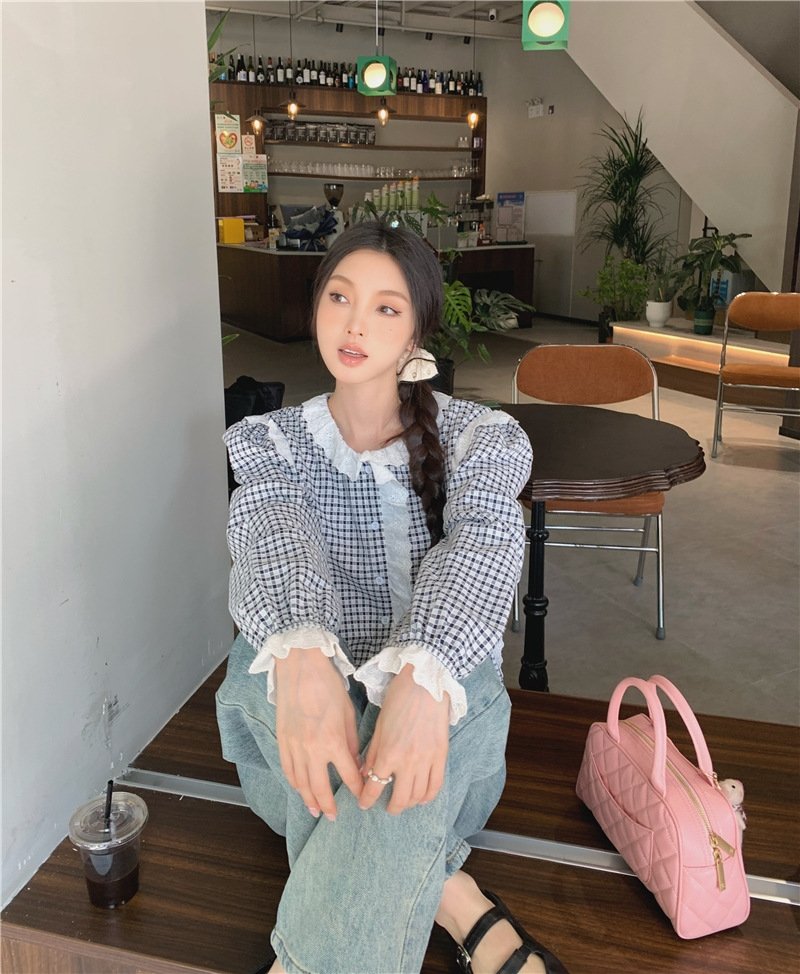 Футболка в клетку с кружевным воротником оптом из Китая