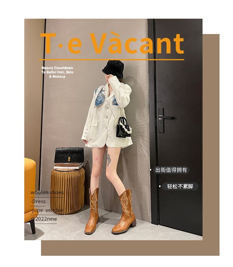 Женские сапоги рыцаря с вышивкой V-образного выреза 2024 весна-осень оптом