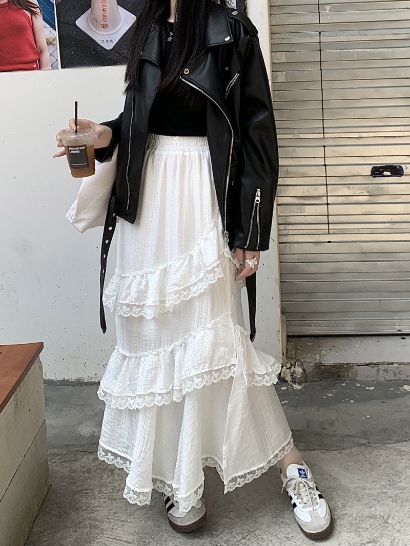 Высокая талия белая асимметричная юбка с кружевными вставками оптом из Китая