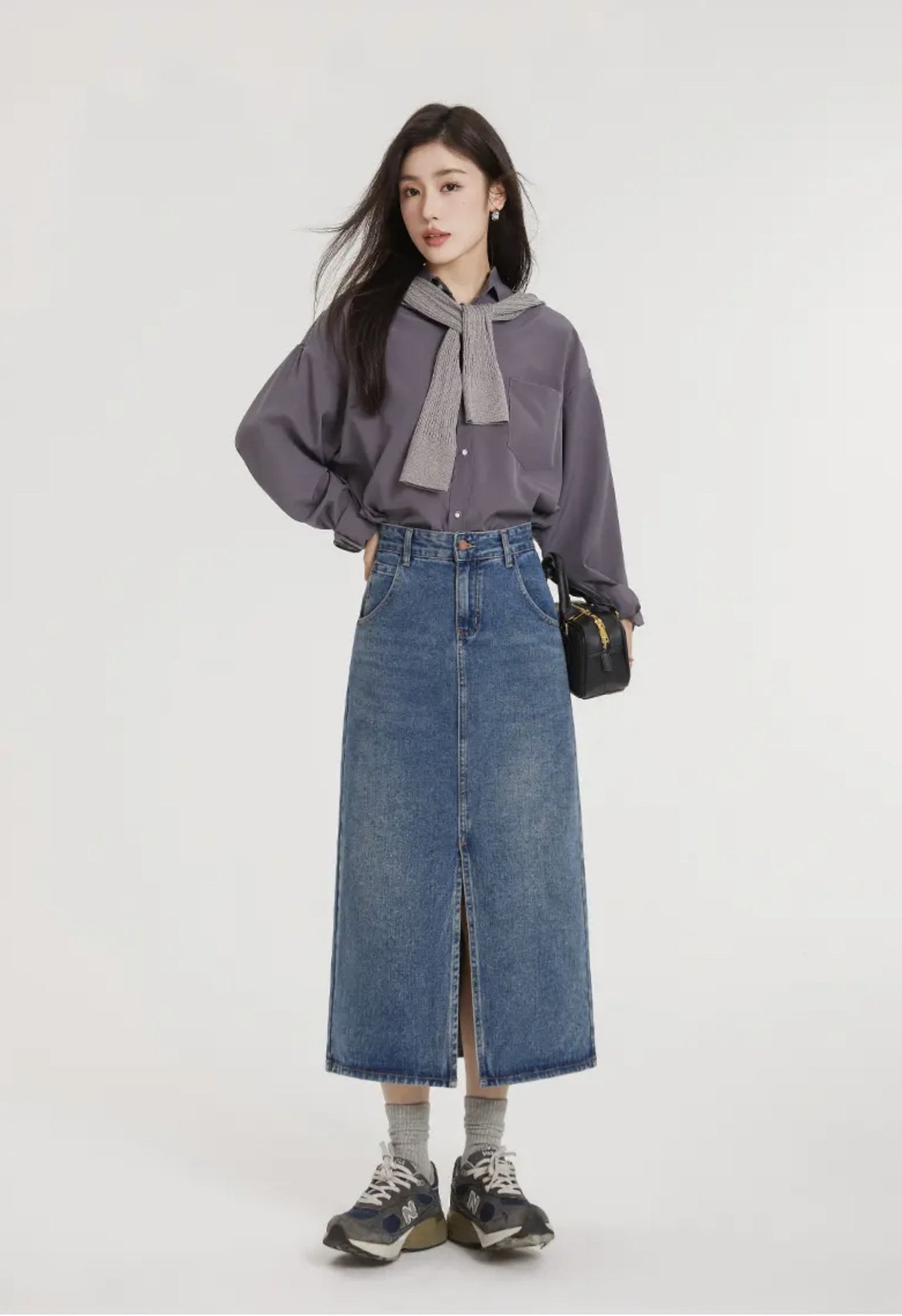 Джинсовая юбка с высокой талией и разрезом в стиле ретро оптом из Китая