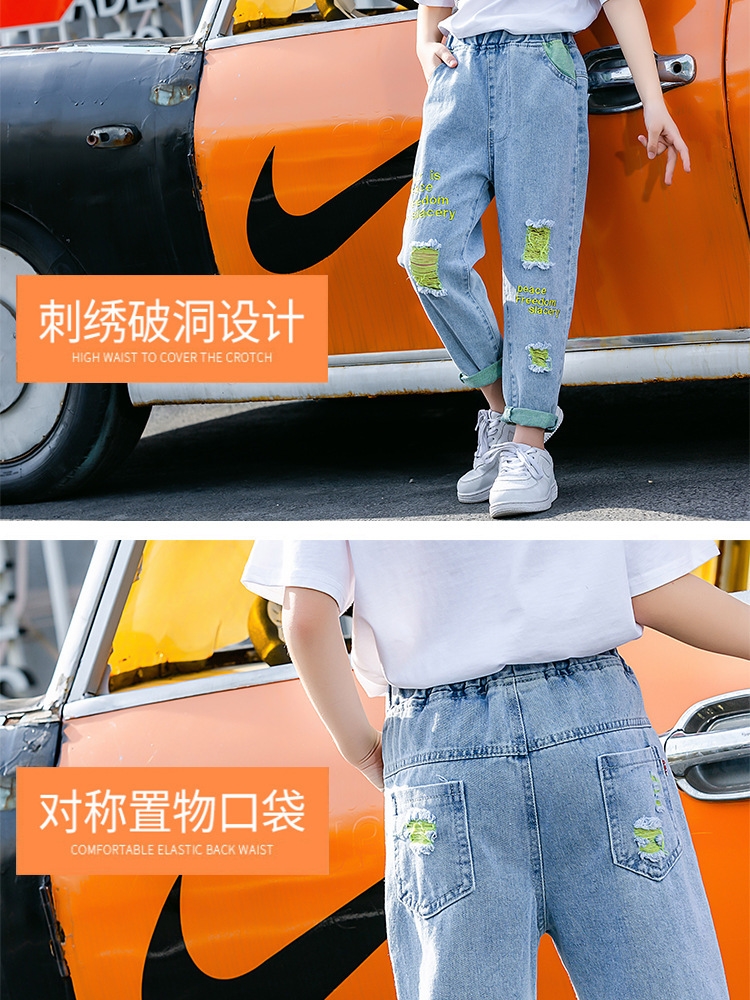 Летние джинсы для девочек с вышивкой и дырками оптом из Китая