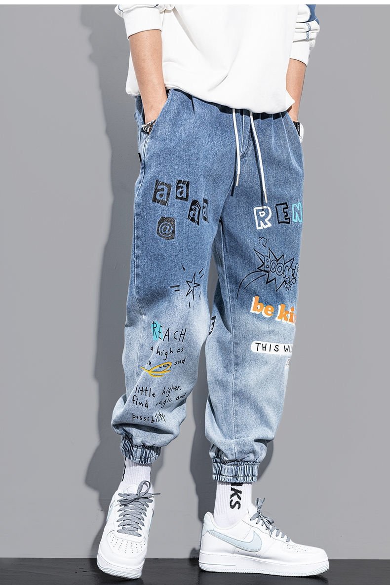 Новые мужские джинсы с принтом и поясом на резинке оптом из Китая