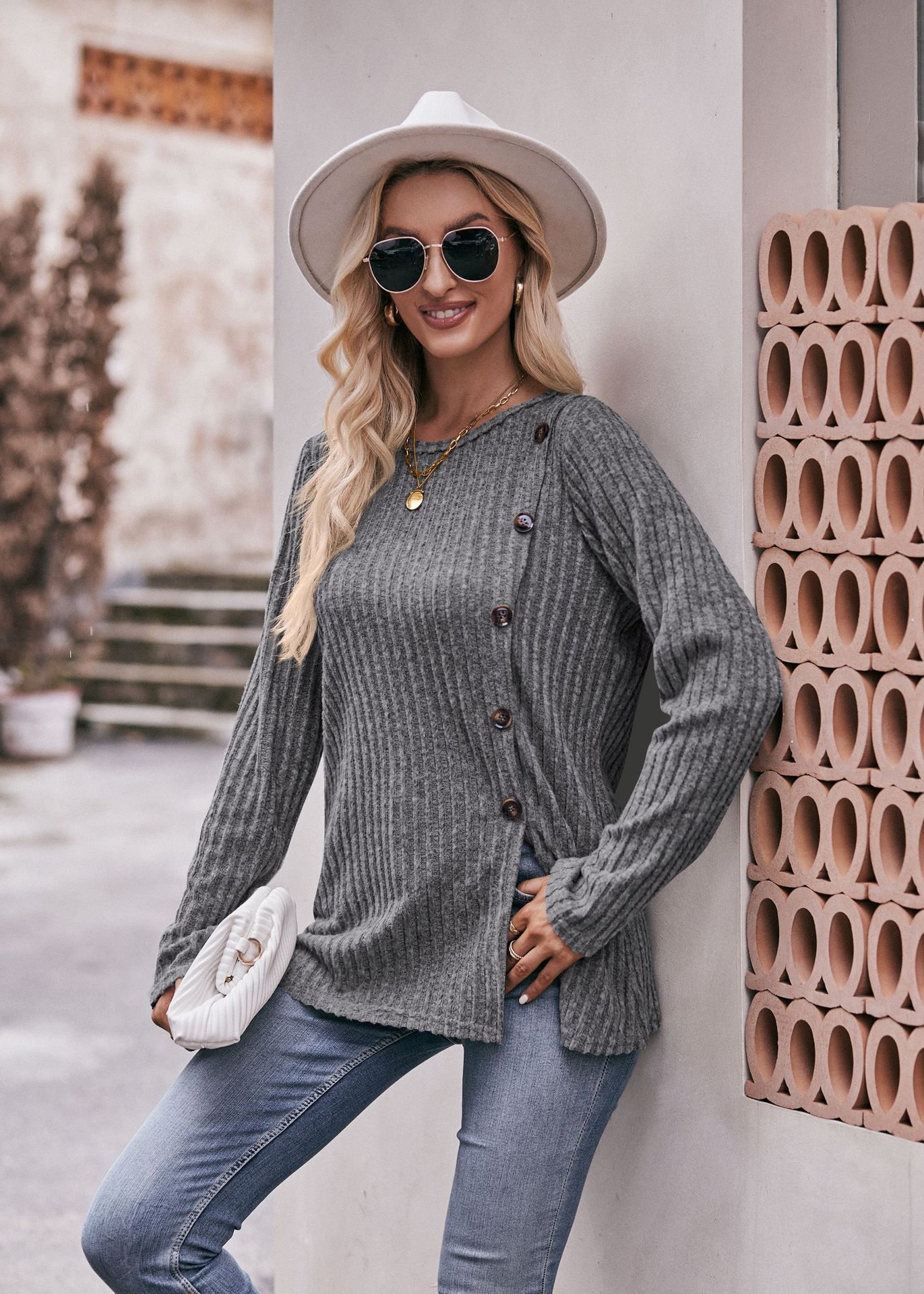 Женская футболка с круглым вырезом и пуговицами оптом из Китая