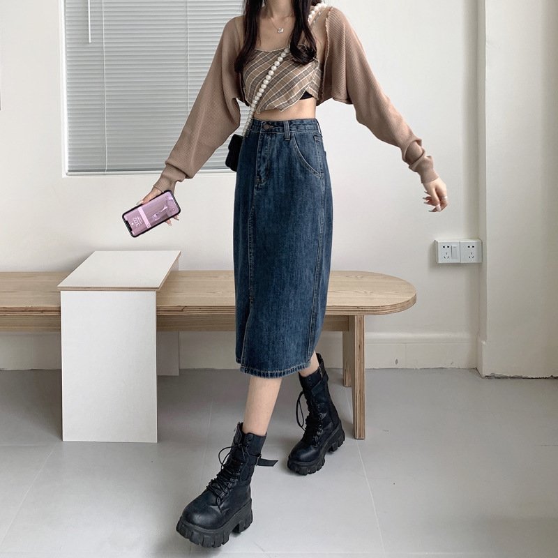 Джинсовая юбка винтажного высокого пояса оптом из Китая