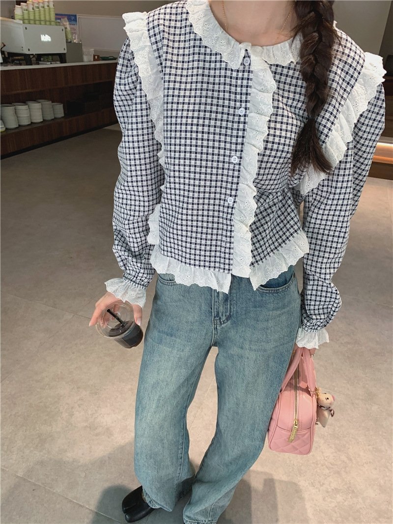 Футболка в клетку с кружевным воротником оптом из Китая