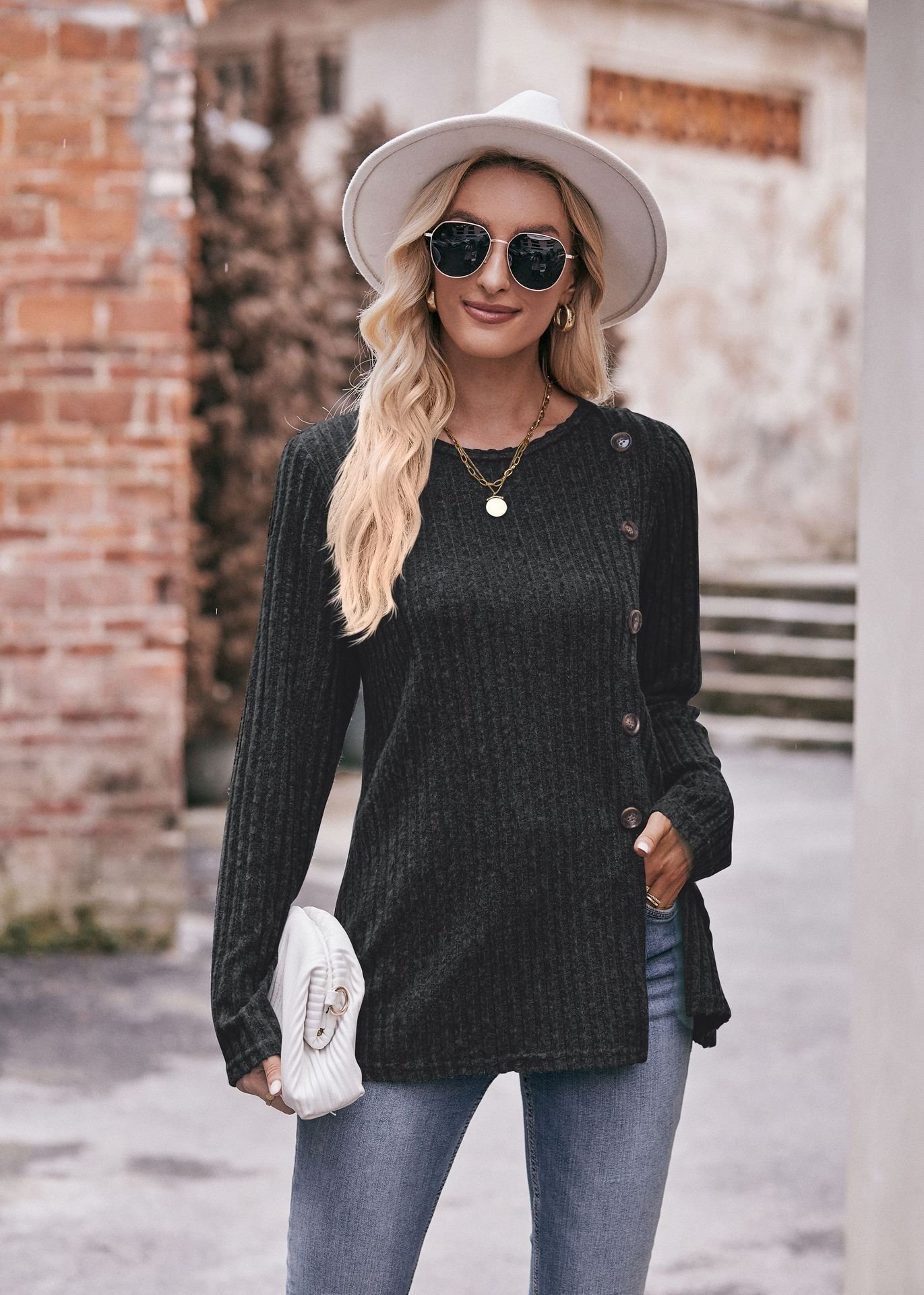 Женская футболка с круглым вырезом и пуговицами оптом из Китая