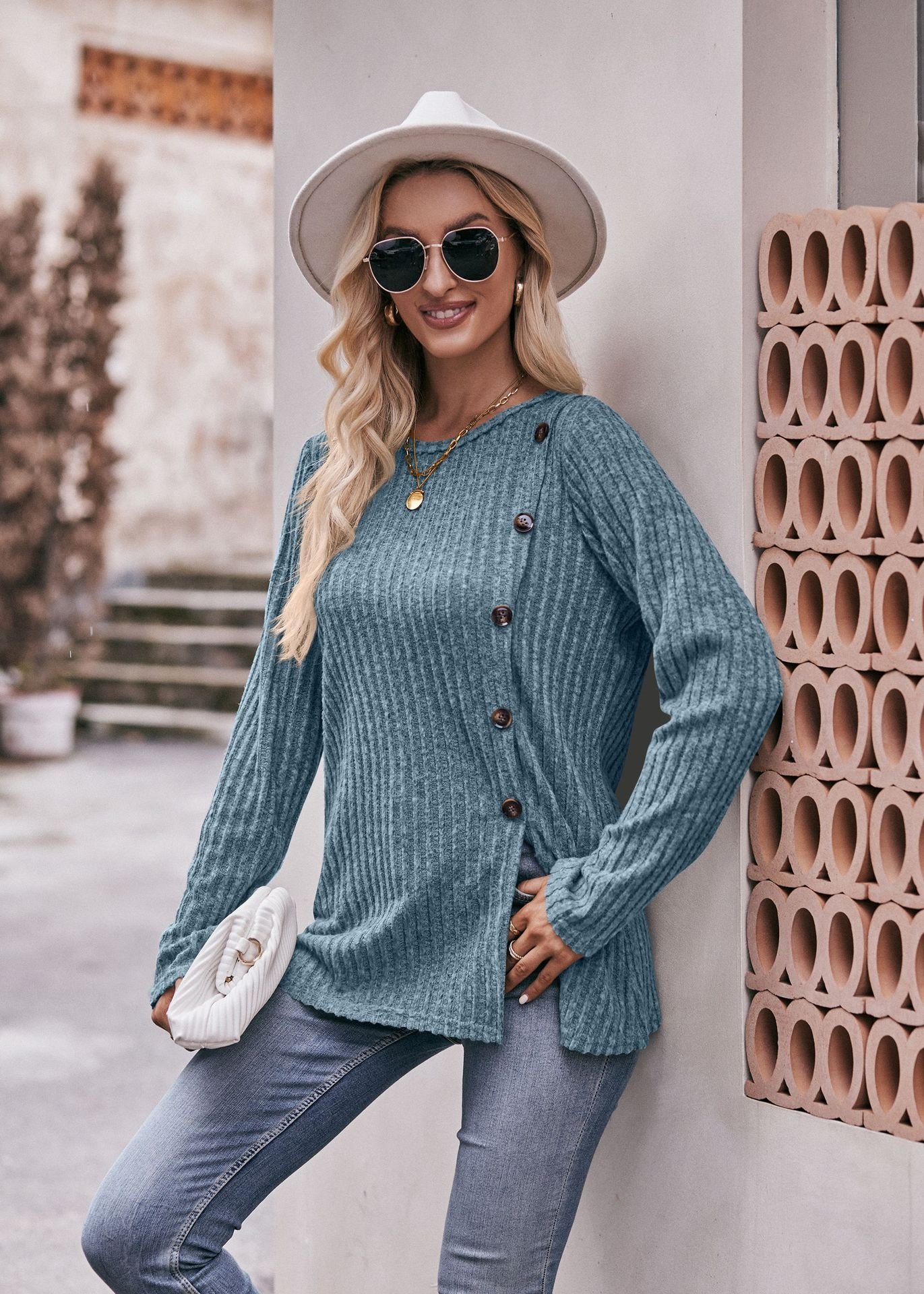 Женская футболка с круглым вырезом и пуговицами оптом из Китая