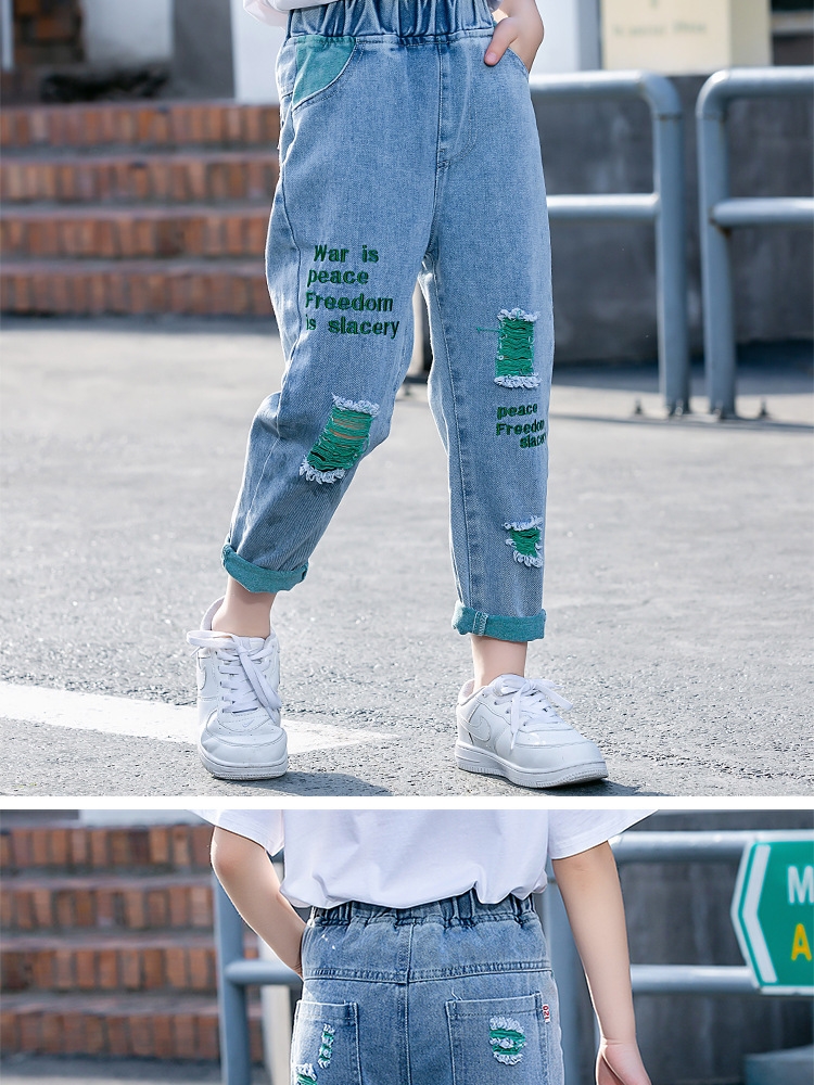 Летние джинсы для девочек с вышивкой и дырками оптом из Китая