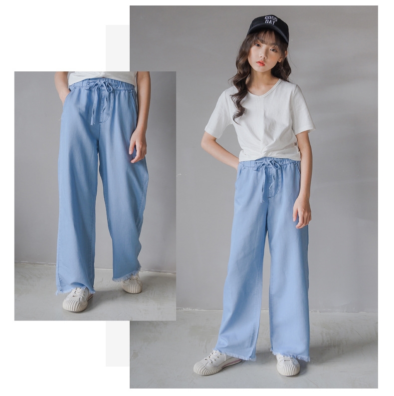 Джинсы для девочек 2021 летняя свободная тонкая шелковая прямая штаны с высокой талией оптом из Китая