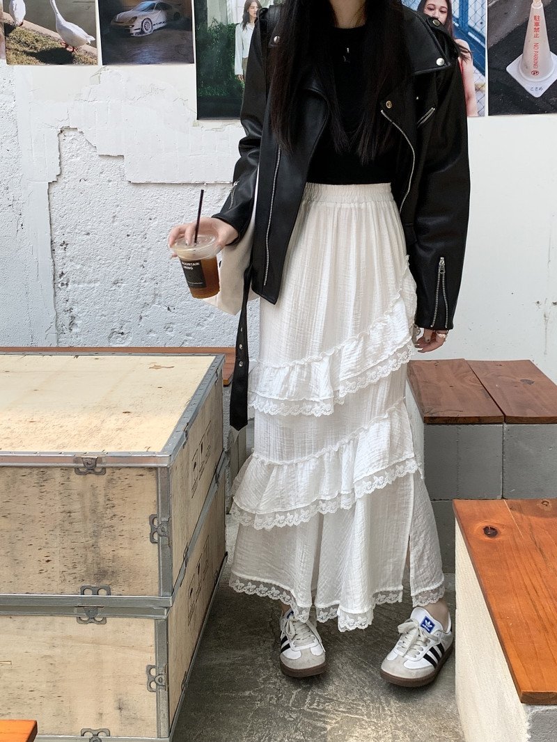 Высокая талия белая асимметричная юбка с кружевными вставками оптом из Китая